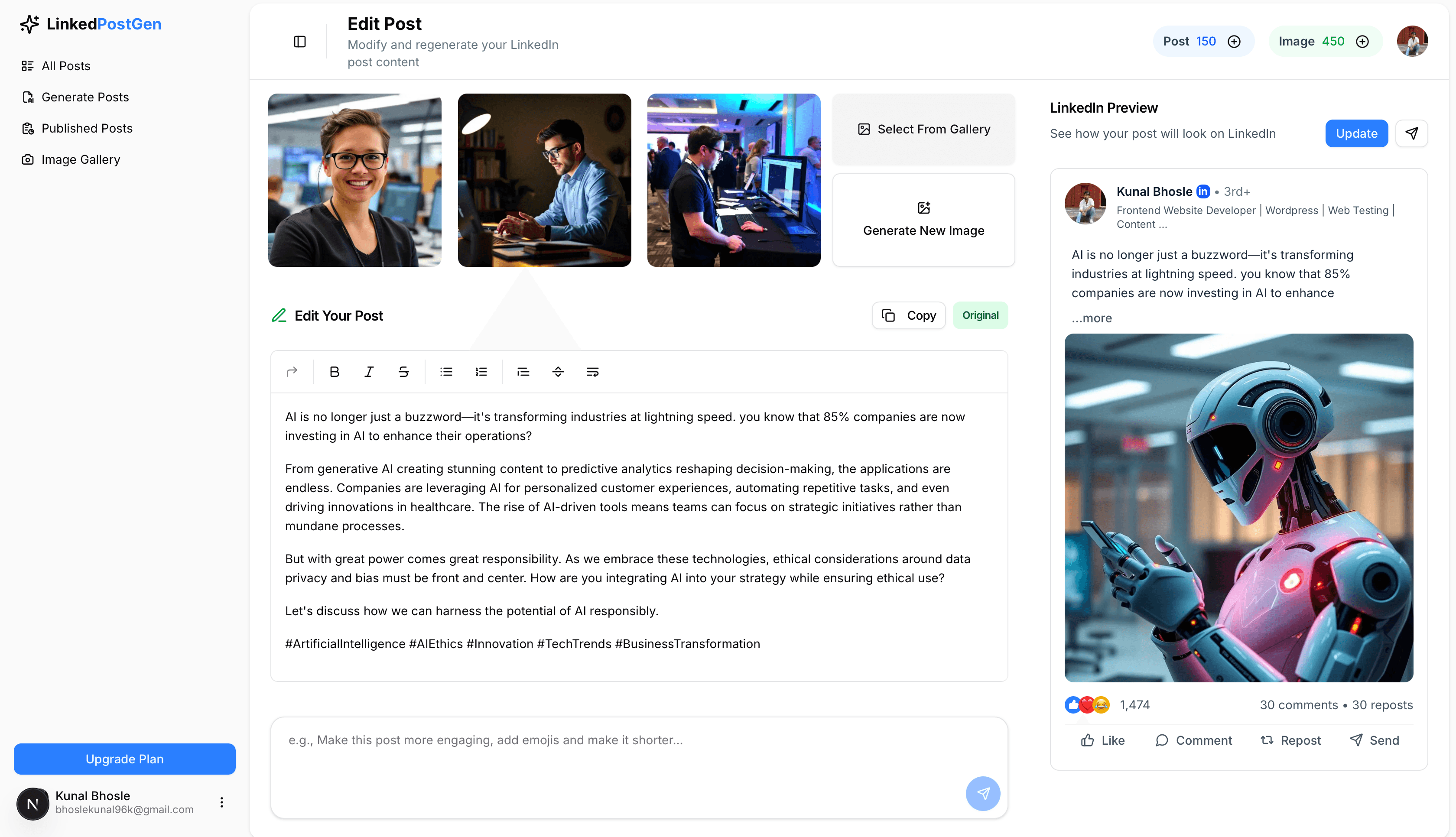 LinkedIn Post Generator Dashboard Interface